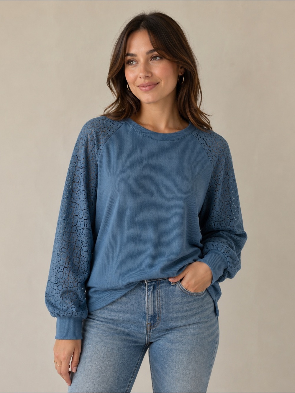 Miholl Casual Long lace sleeve blouse size Large Blue